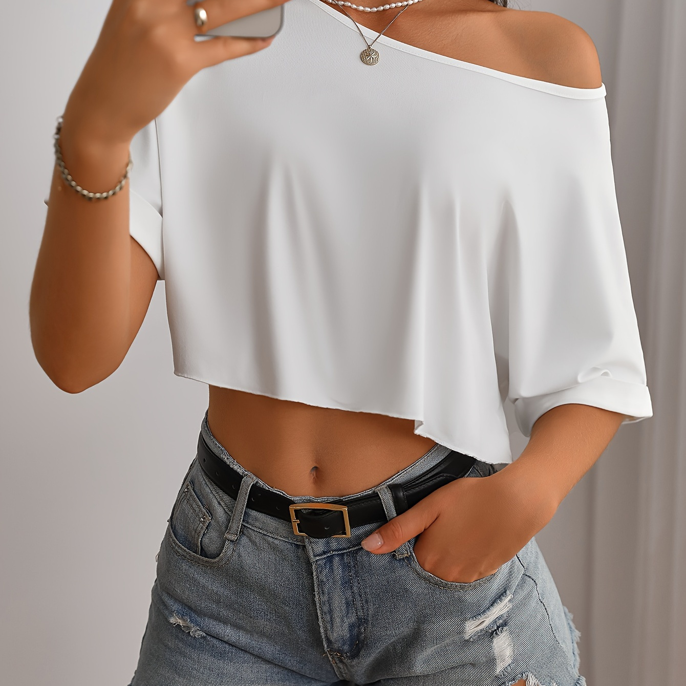 

Chic Off-shoulder Ruched Top T-shirt - Elegant , Semi-sheer Polyester , Machine Washable - White, In All Sizes, Summer Fashion|chic Top|highwaisted Shorts