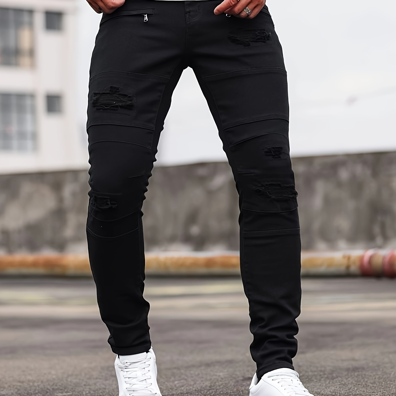 

Men's Solid Cotton Ripped Distressed Jeans, Chic Street Style Slim Fit Bottoms For Men, All Seasons