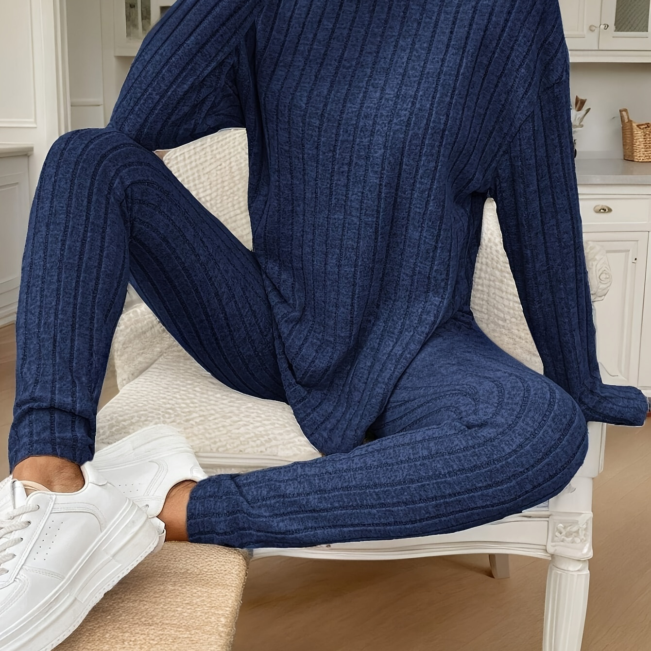 

French Texture Plain Rib Knit Long Sleeve 2pcs Casual Set