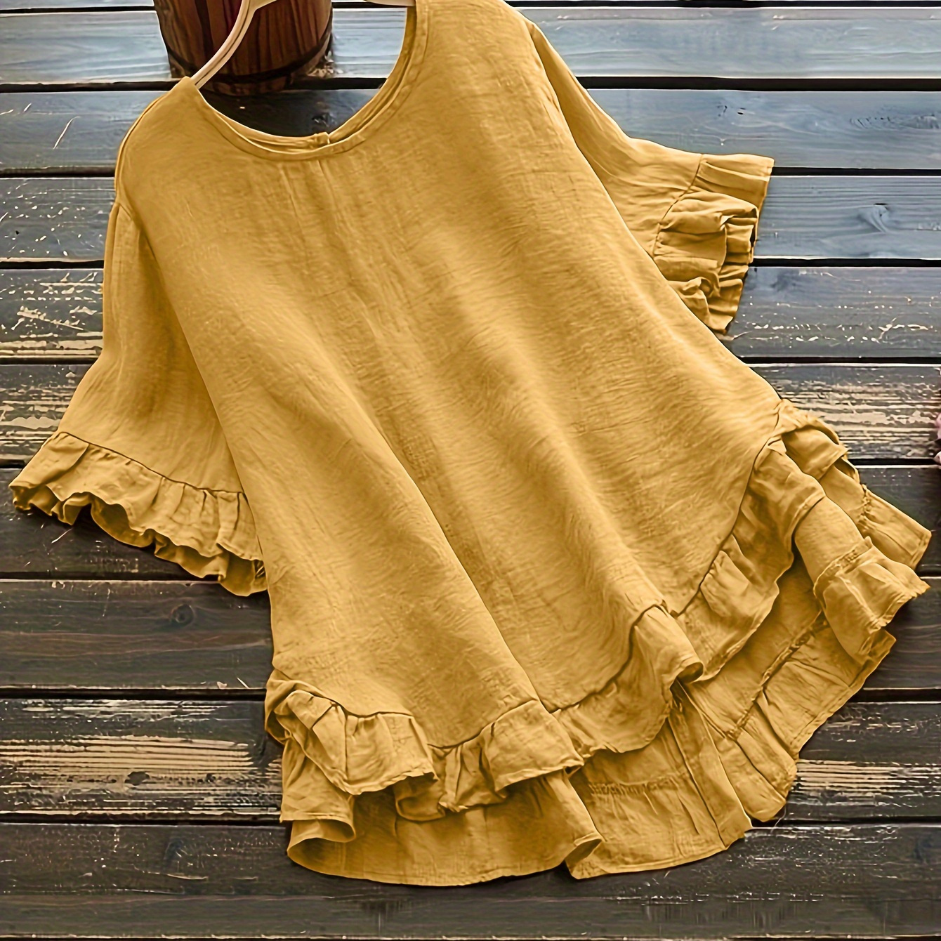 

Button Detail Ruffle Hem Blouse, Casual Crew Neck Short Sleeve Blouse For Spring & Summer, Women's Clothing