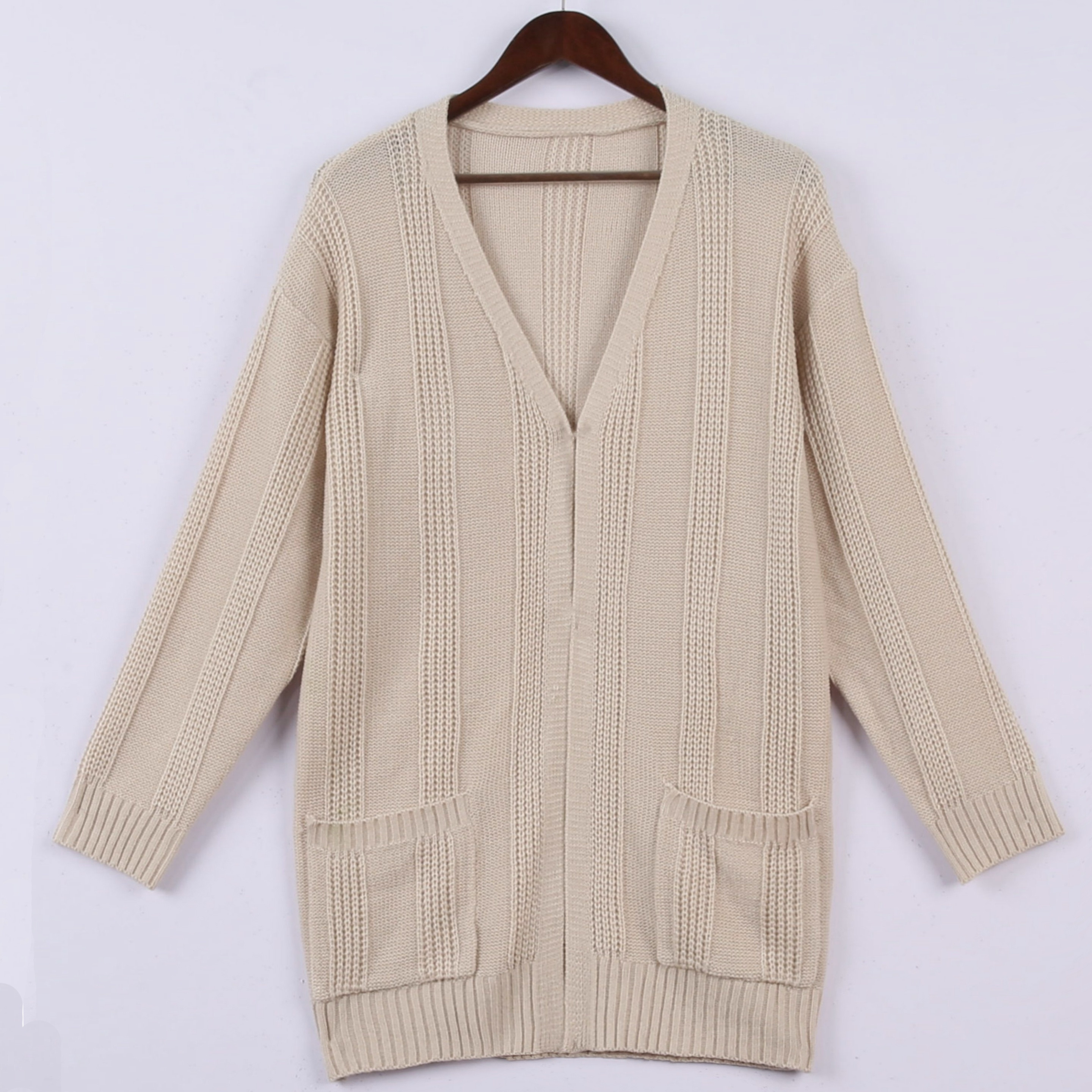 

Knitted Open Front Plain Cardigan, Casual Long Sleeve Pockets Cardigan For Spring & Fall, Women's Clothing