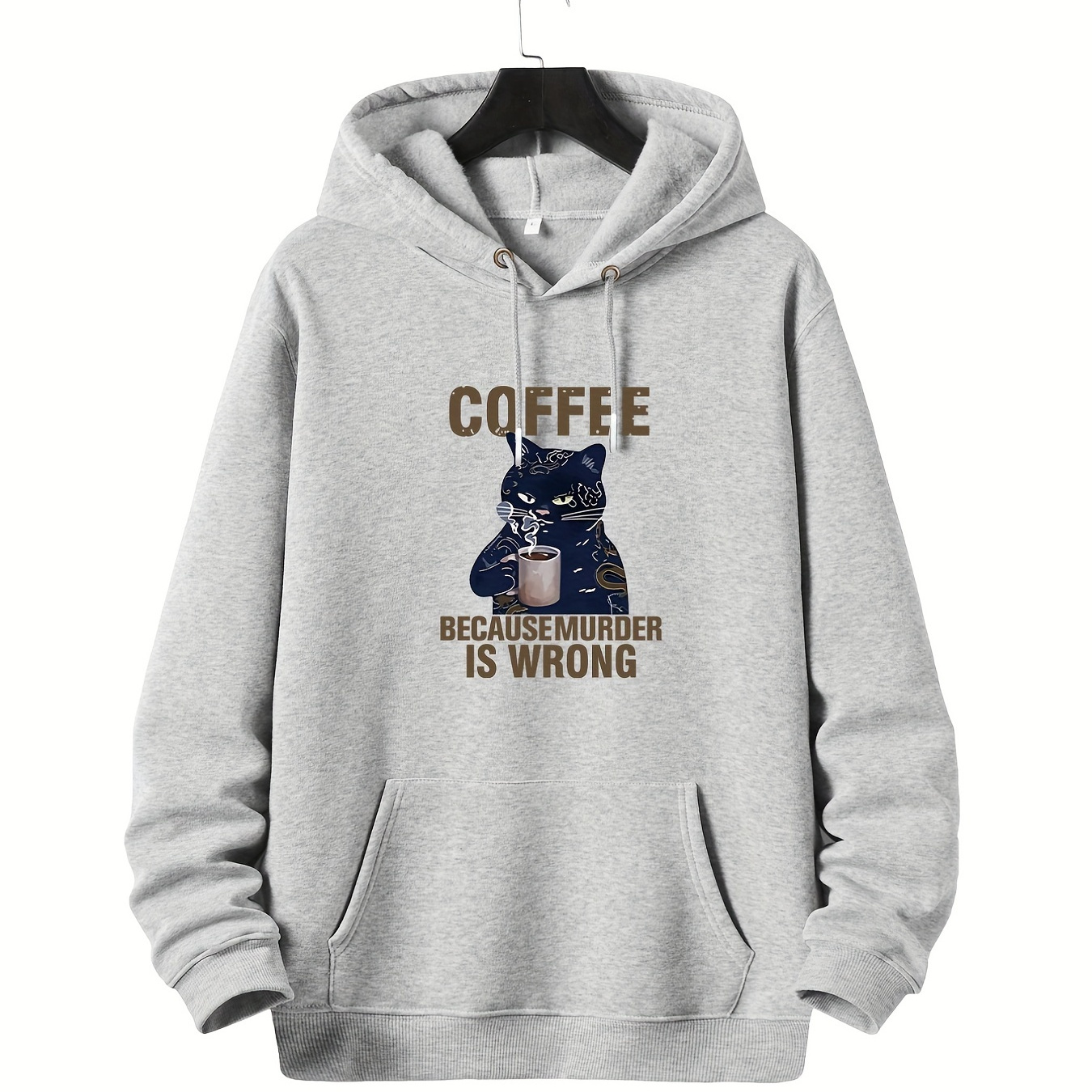 

Plus Size Men's Cartoon Tattoo Cat Drinking Coffee Pullover Drawstring Hoodie, Oversized Loose Clothing For Big And Tall Guys