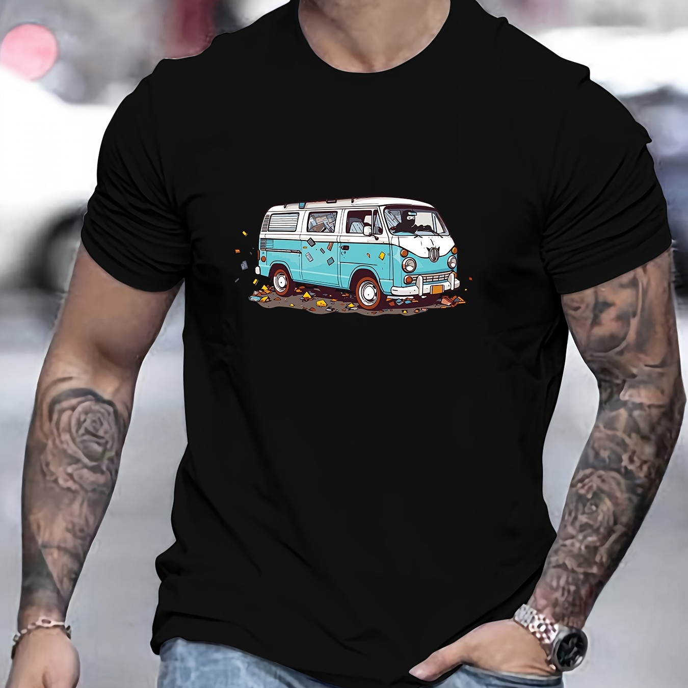 

Bus Print T-shirt - Casual Short Sleeve Tees, Men's Comfy Crew Neck Tops For Summer