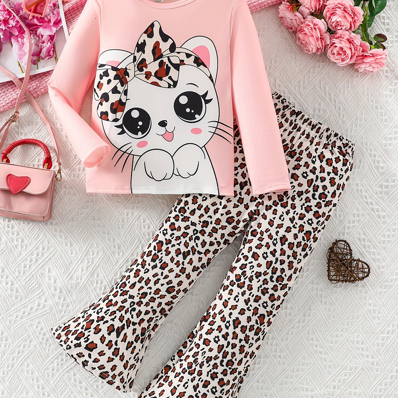 

Adorable ' 2pcs Set: Cat Long Top & Pants - , Washable, For