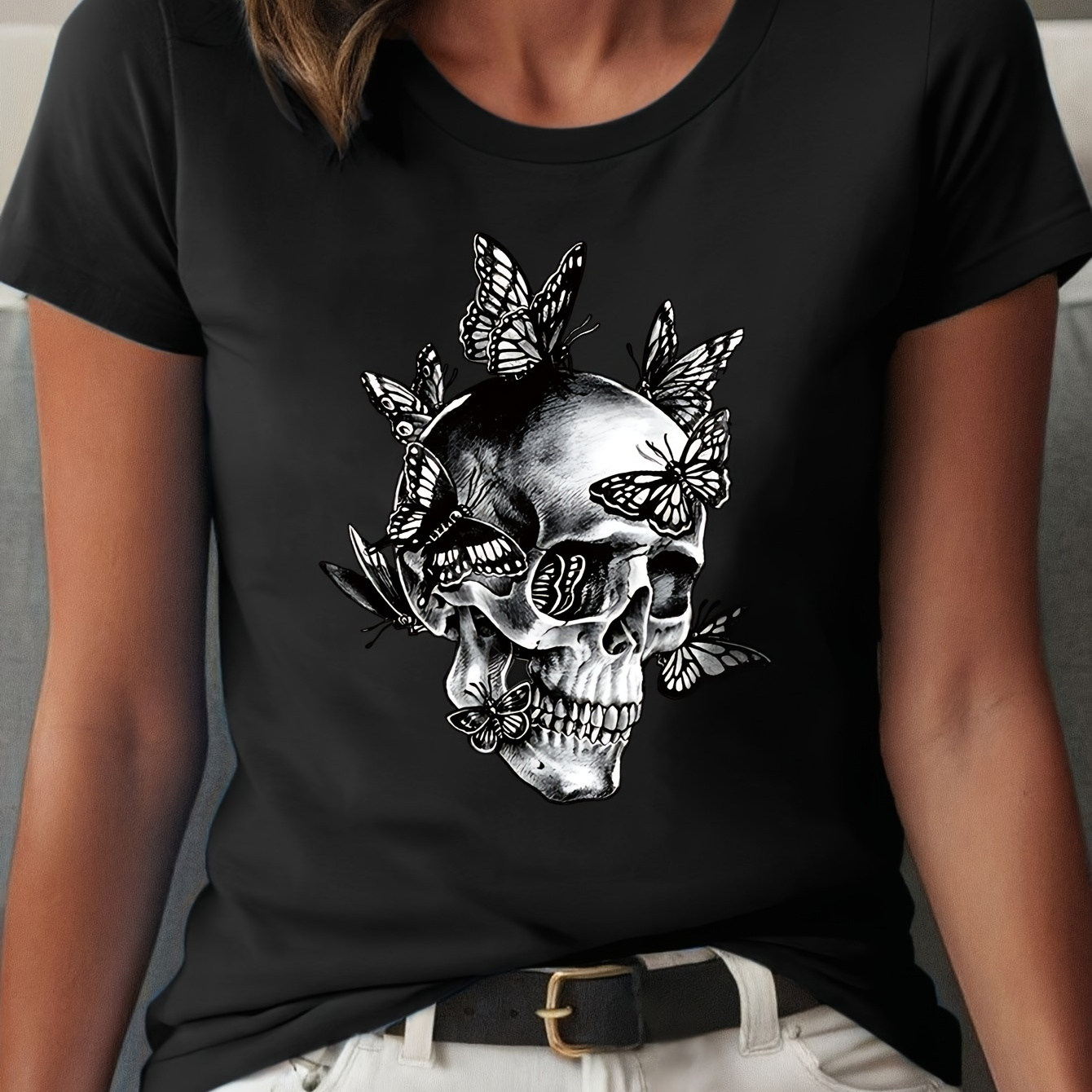 

Women's Casual Crew Neck T-shirt With Graphic Skull And Butterflies Print, 100% Polyester Knit Fabric, Short Sleeve Summer Tee