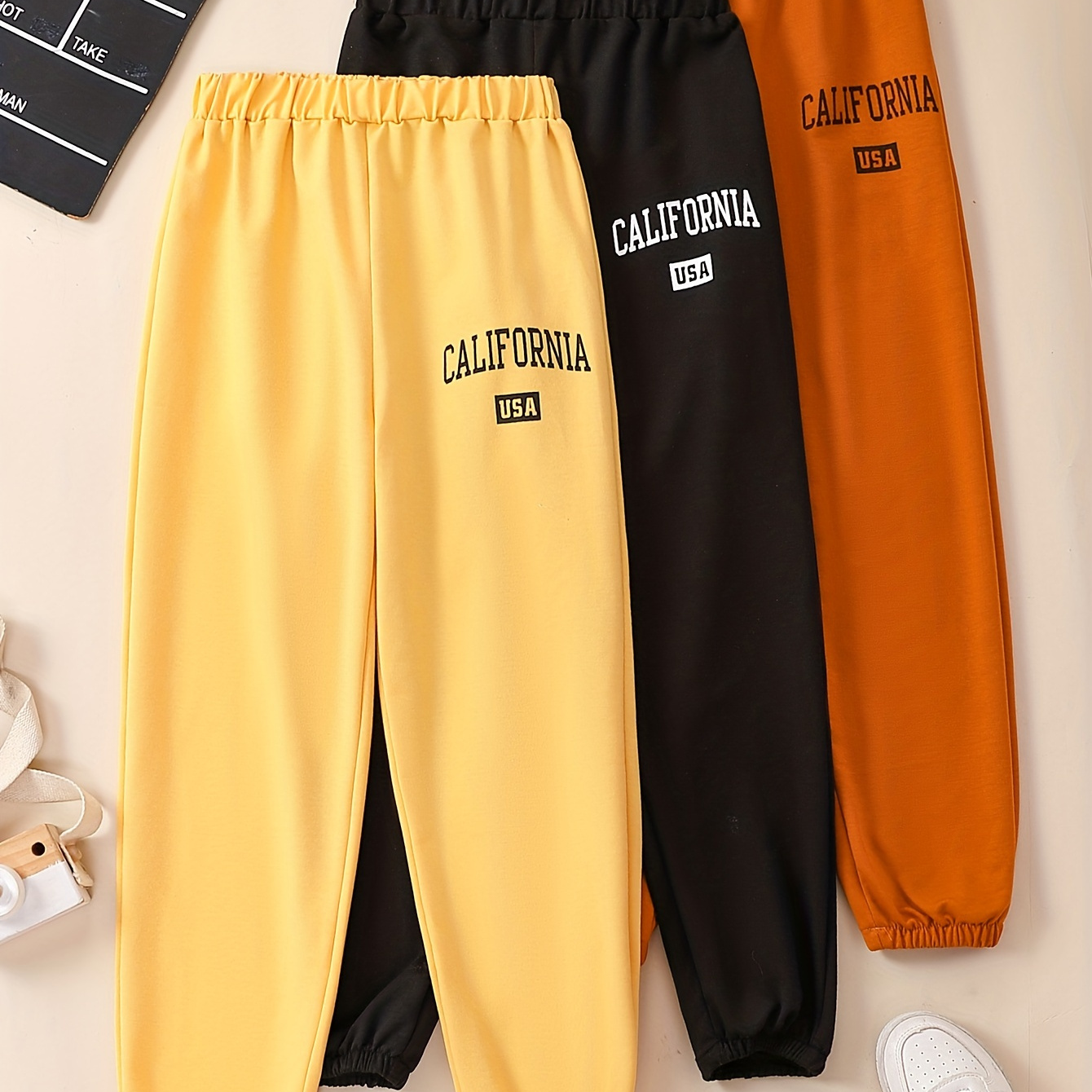 3 Packs "California" Print Jogger Pants Elastic Waist Sweatpants Kids Clothes For Girls, Sports, Running, Gift, 4-12y