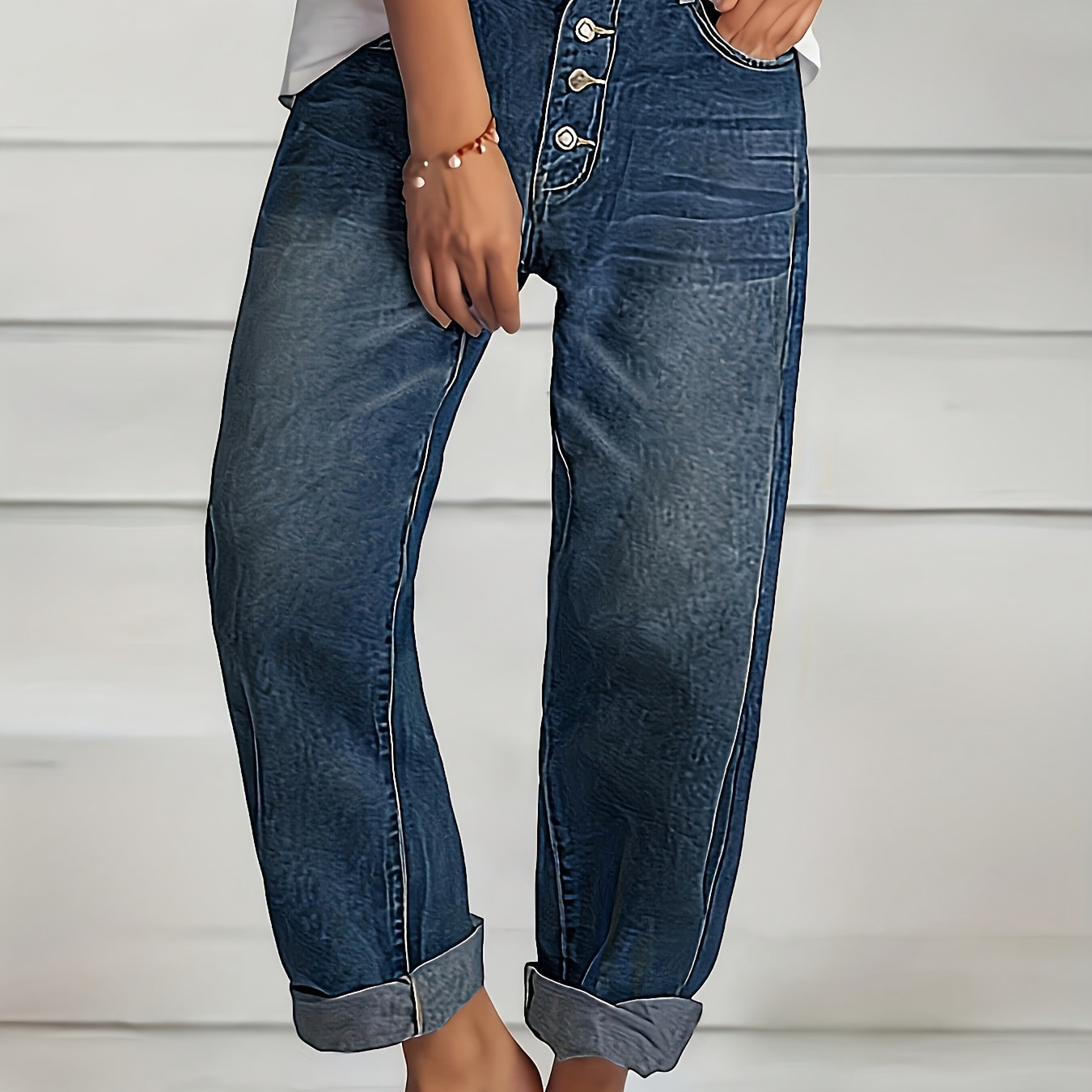 

Single-breasted Blue Loose Fit Straight Jeans - Slash Pockets, Versatile Denim Pants With Classic Button Closure, Comfortable Womens Denim Jeans & Clothing For Everyday Wear