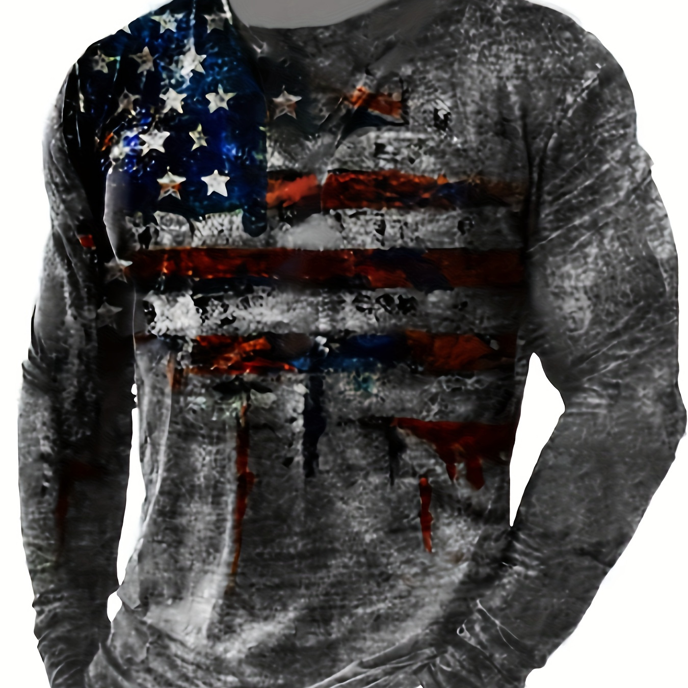 

1pc Men's Long Sleeve Crew Neck T-shirt, Patriotic American Flag Print, Casual Polyester Knit Fabric, Regular Fit Top