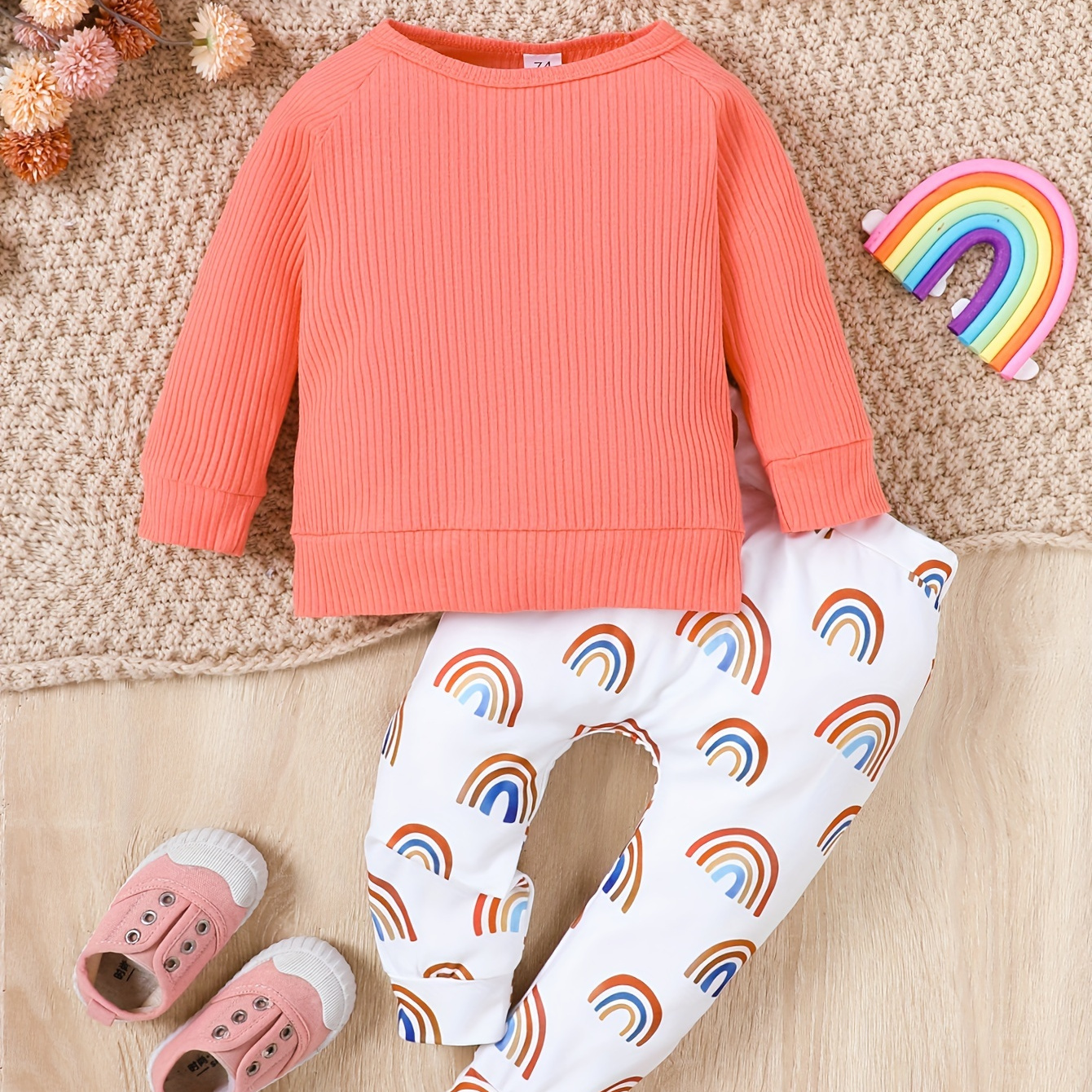 Baby Girl's Ribbed Knit Top & Rainbow Print Pants Set, Kid's Casual Outfit