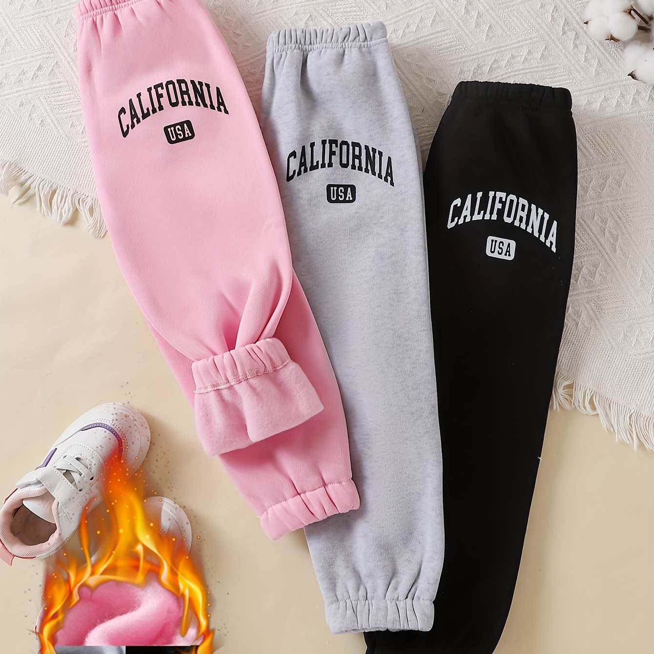 

California Print Girl's Winter Fleece Lined Casual Jogger Pants 3pcs/set