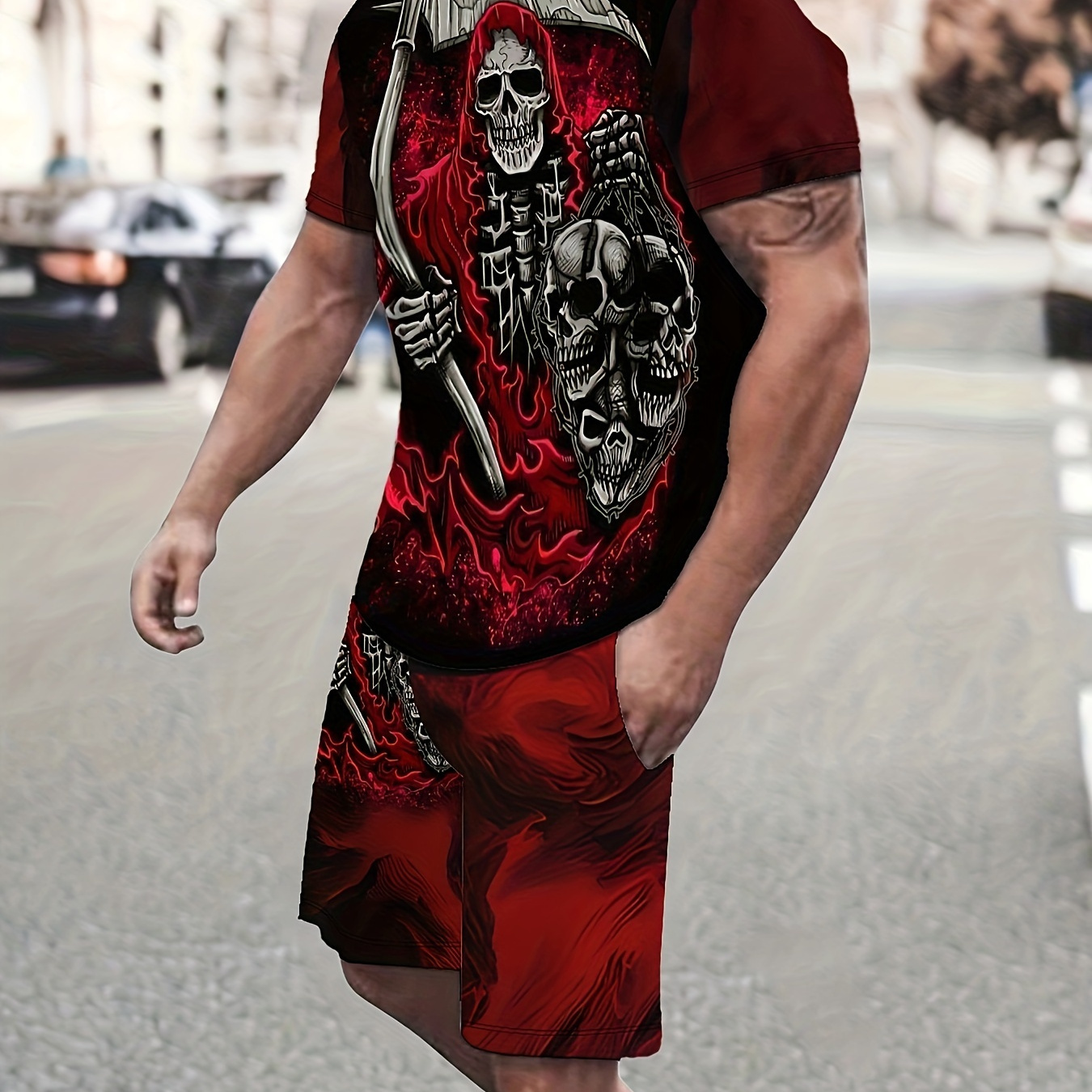 

Summer Men's Set: Round Neck Short Sleeve T-shirt And Drawstring Shorts With High Skull Pattern, Casual And Trendy Outdoor Sports Training Suit (middle )