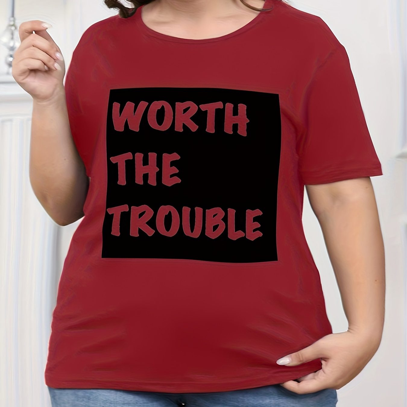 

Plus Size Casual T-shirt, Women's Plus Letter Print Short Sleeve Round Neck High Stretch T-shirt