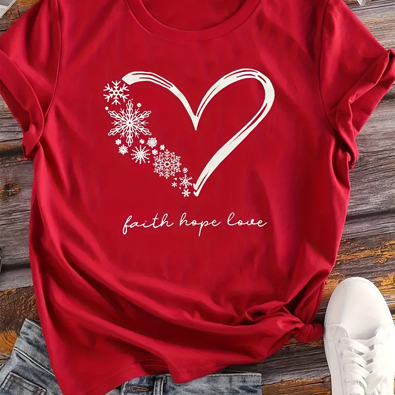 

Plus Size Faith Hope Love Print T-shirt, Short Sleeve Crew Neck Casual Top For Summer & Spring, Women's Plus Size Clothing