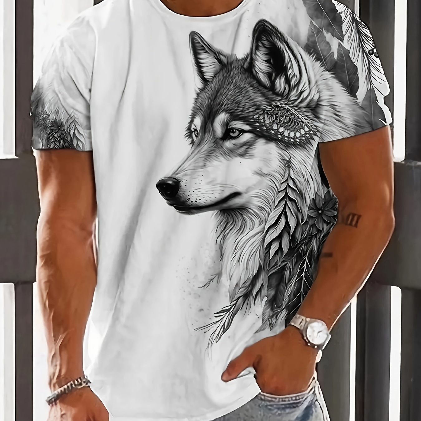 

Men's 3d Digital Wolf Pattern Print T-shirt, Summer Casual And Trendy Crew Neck Short Sleeve Tee