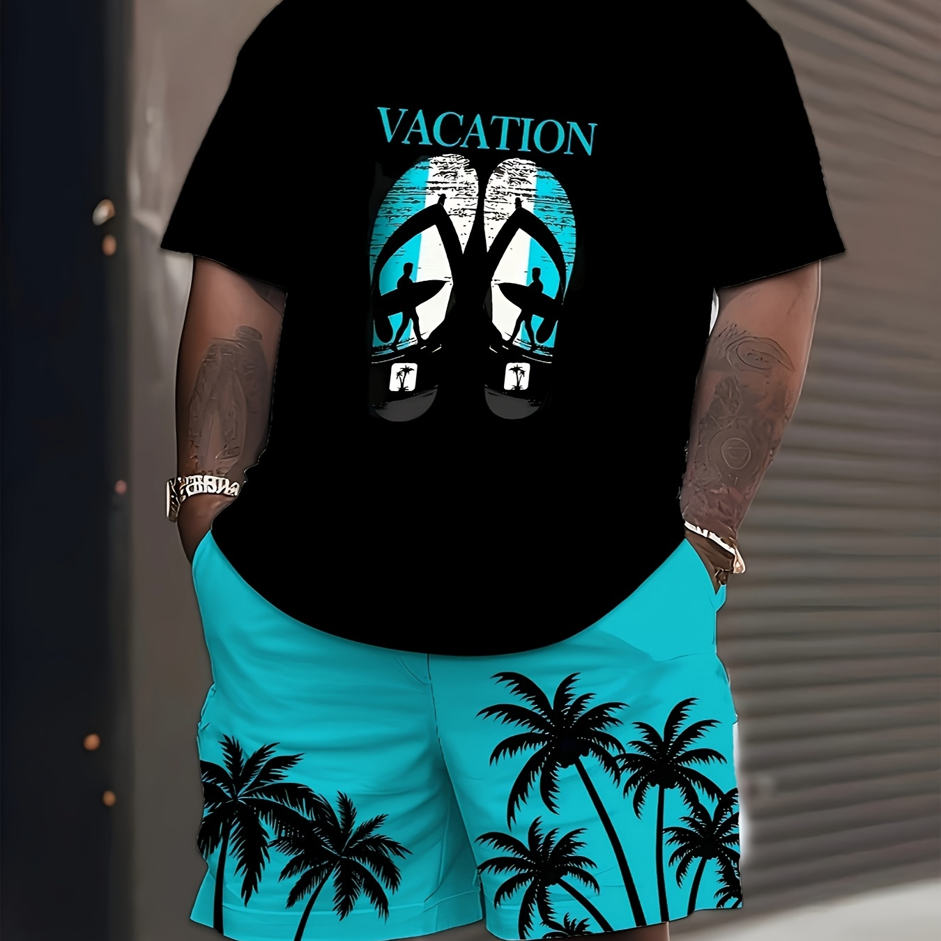 

Men's Plus Size 3d Vacation-themed Graphic Tee & Shorts Set - Casual/sporty, Breathable Polyester , Machine Washable, With Pockets & Drawstrings, Plus Size