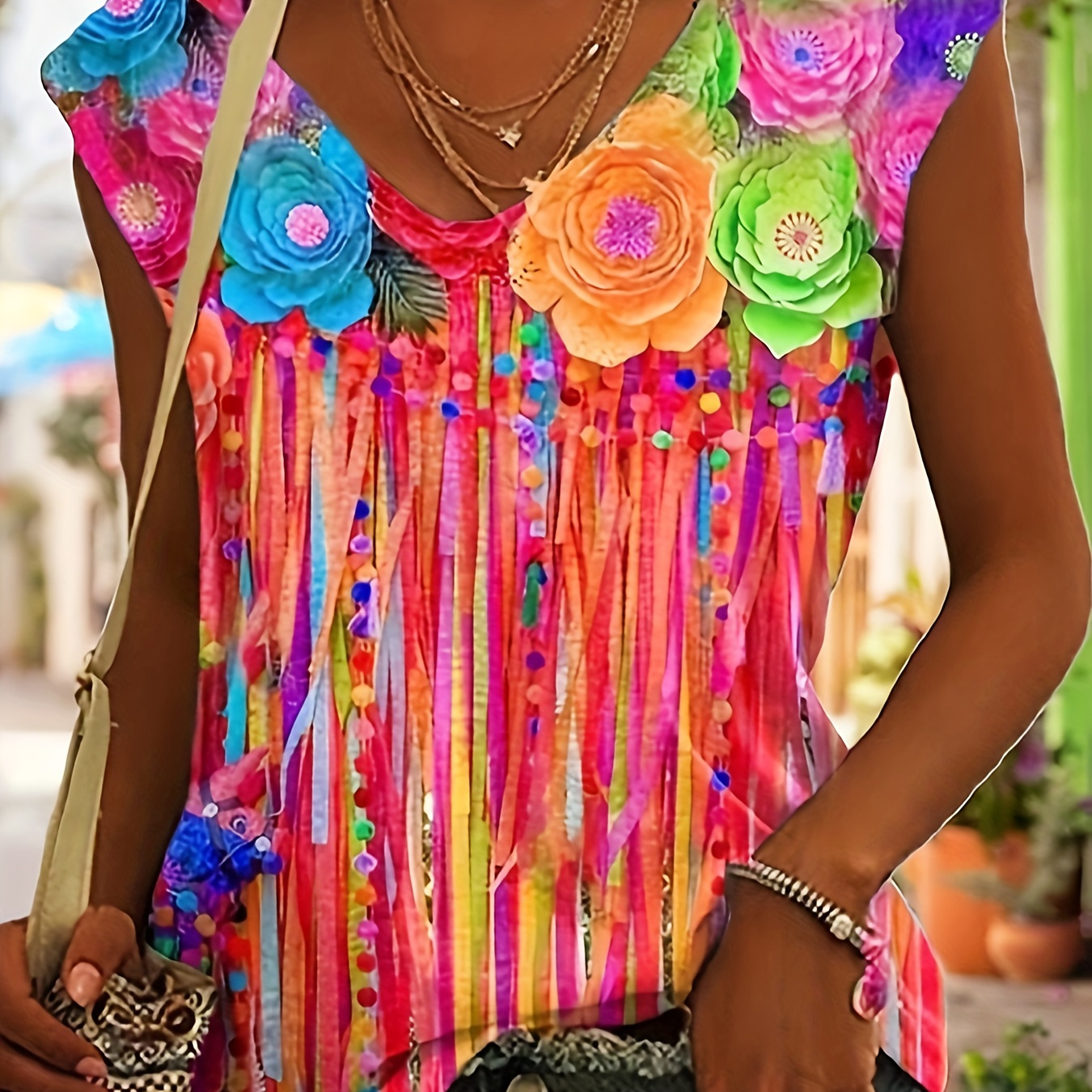 

Plus Size Colorful Floral Print Top, Casual V Neck Top For Spring & Summer, Women's Plus Size Clothing