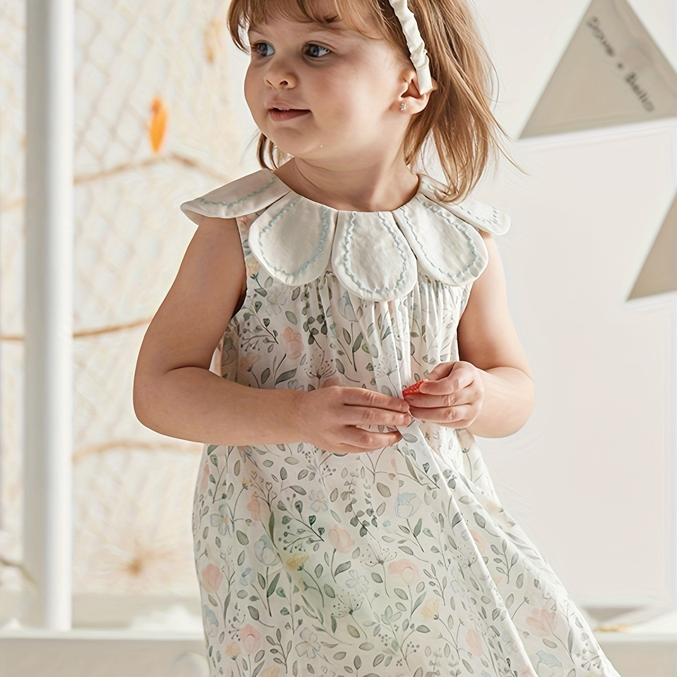 

Dave&bella Girls Breathable & Loose Allover Flowers Pattern Sleeveless Flower Petals Stitched Collar Cotton Dress For Spring & Summer