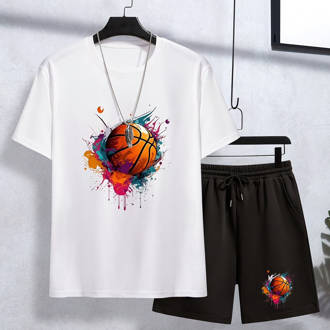 

2pcs Basketball Graphic Print Casual Short Sleeve T-shirt & Shorts Set For Boys, Cool Comfortable Trendy Versatile Boys Summer Outfits Clothes