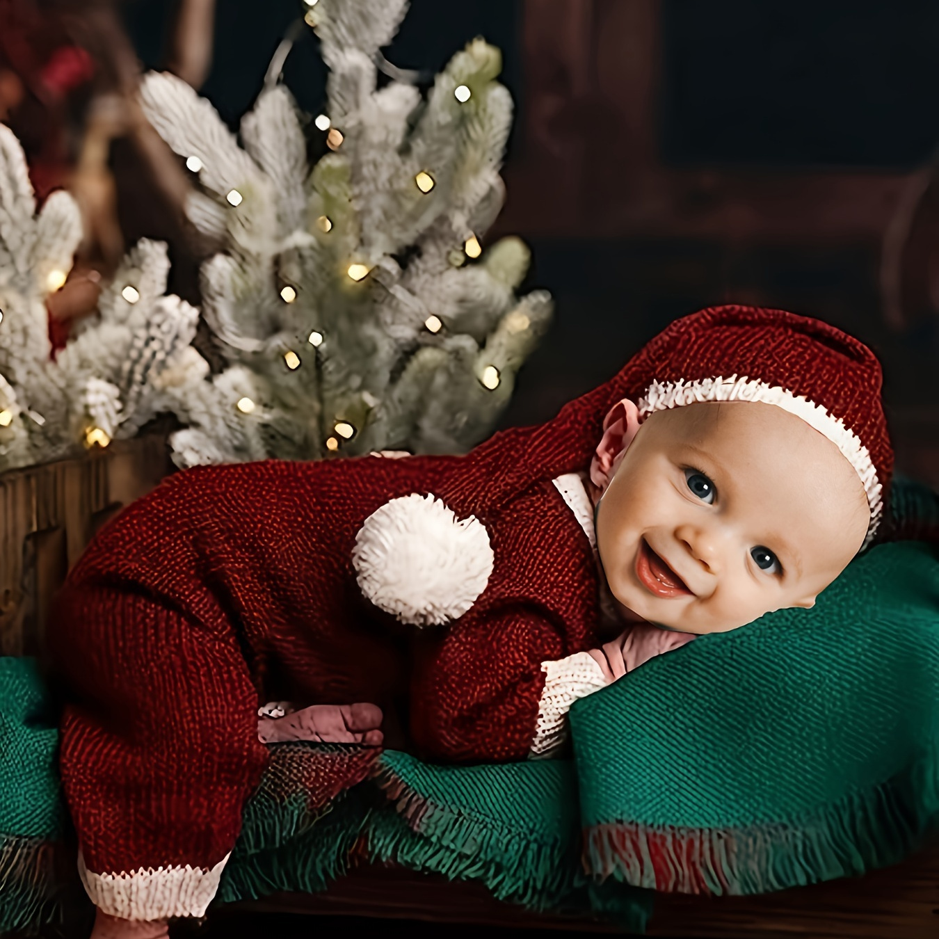 

Newborn Baby Christmas-themed Photography Outfit Set - Mohair Hat & Romper, Cute Style, Rounded Neck, Button Details, Winter Clothing