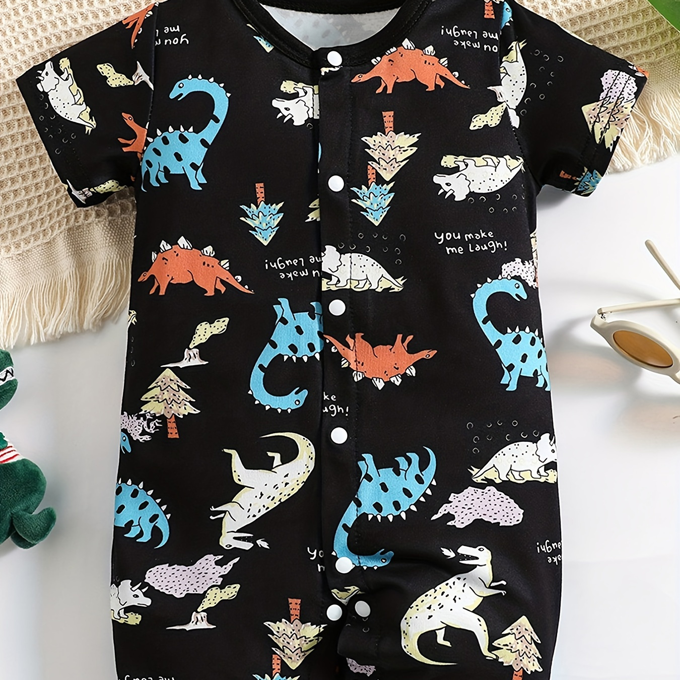 

Cute Dinosaur Paradise Cartoon Print Baby Jumpsuit, Baby Boys Creeper, Short Sleeve Summer Romper