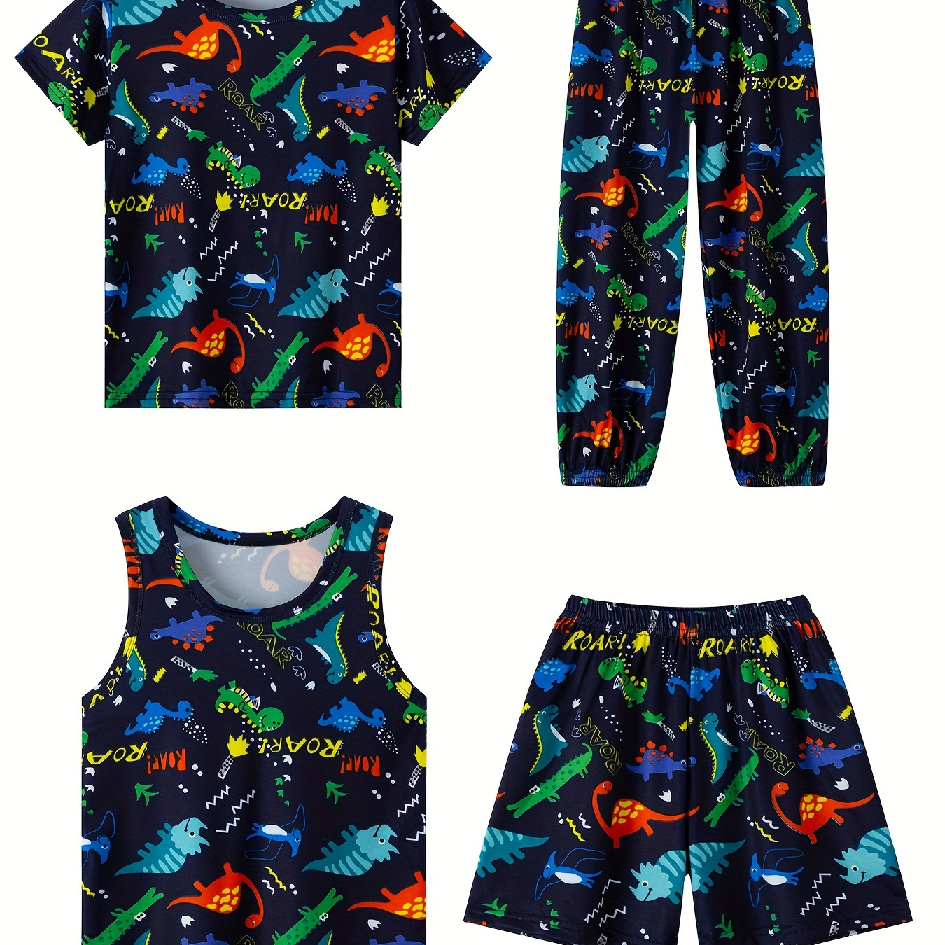 

4 Pcs Boy's Funny Science Dinosaur Pattern Short Sleeves + Shorts + Vest + Trousers Multi-pack Pajama Set, Comfortable & Skin-friendly Style Pajamas For Boy's Cozy Loungewear