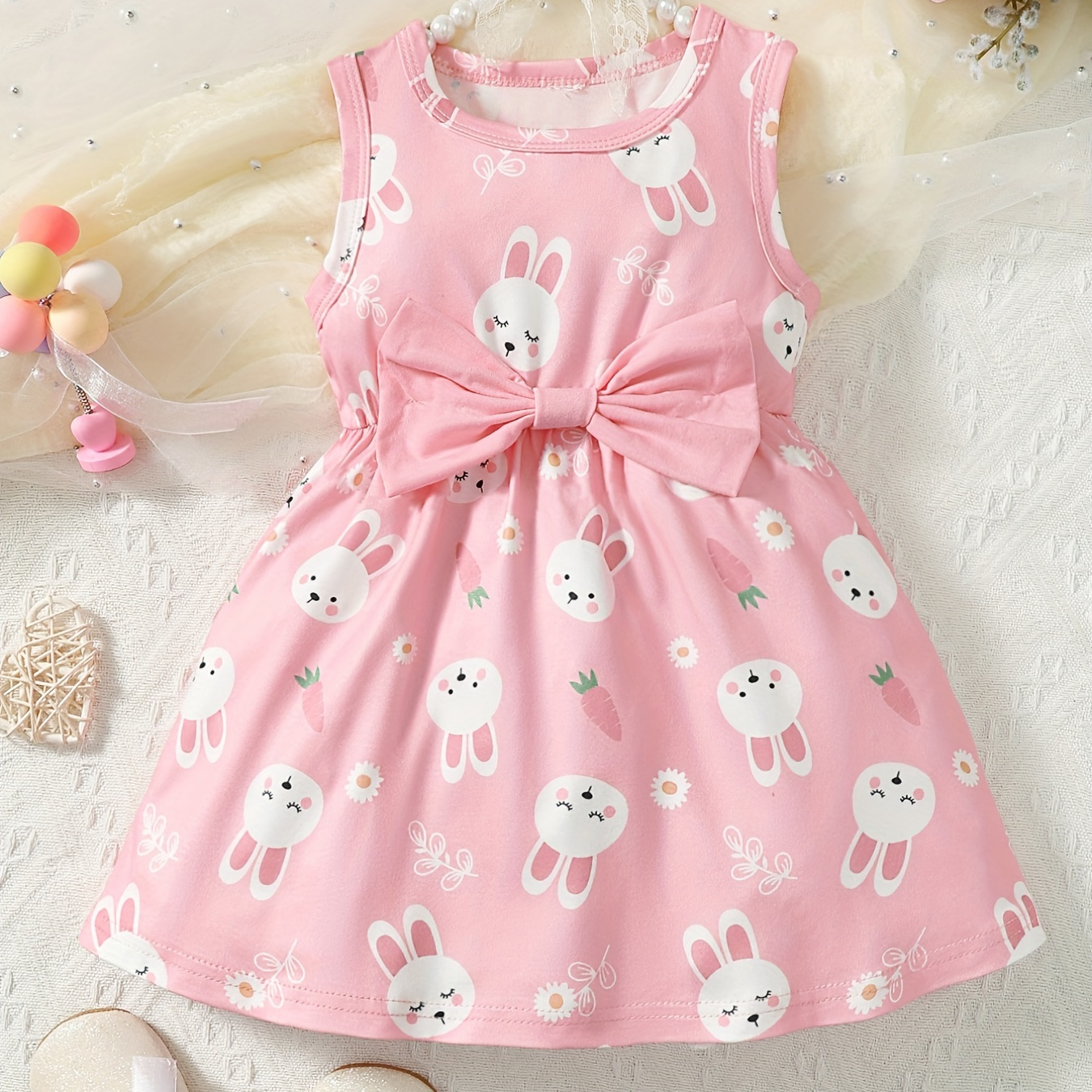 

Baby Girls Cute Rabbit Graphic Print Bowknot Sleeveless Dress Clothes