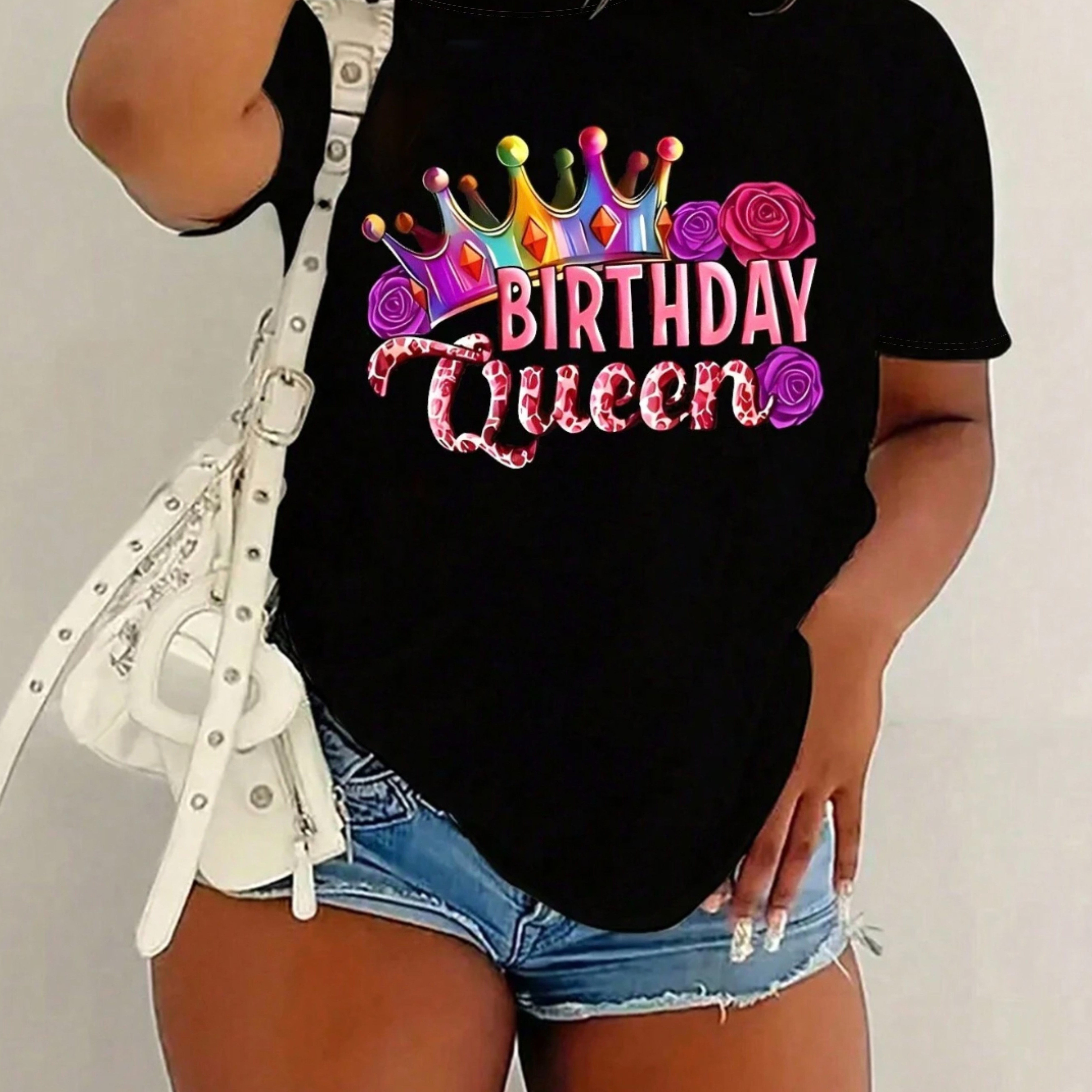 

Women's Birthday Queen Printed T-shirt, Casual Crew Neck, Polyester Jersey Knit, Short Sleeve Graphic Tee For All