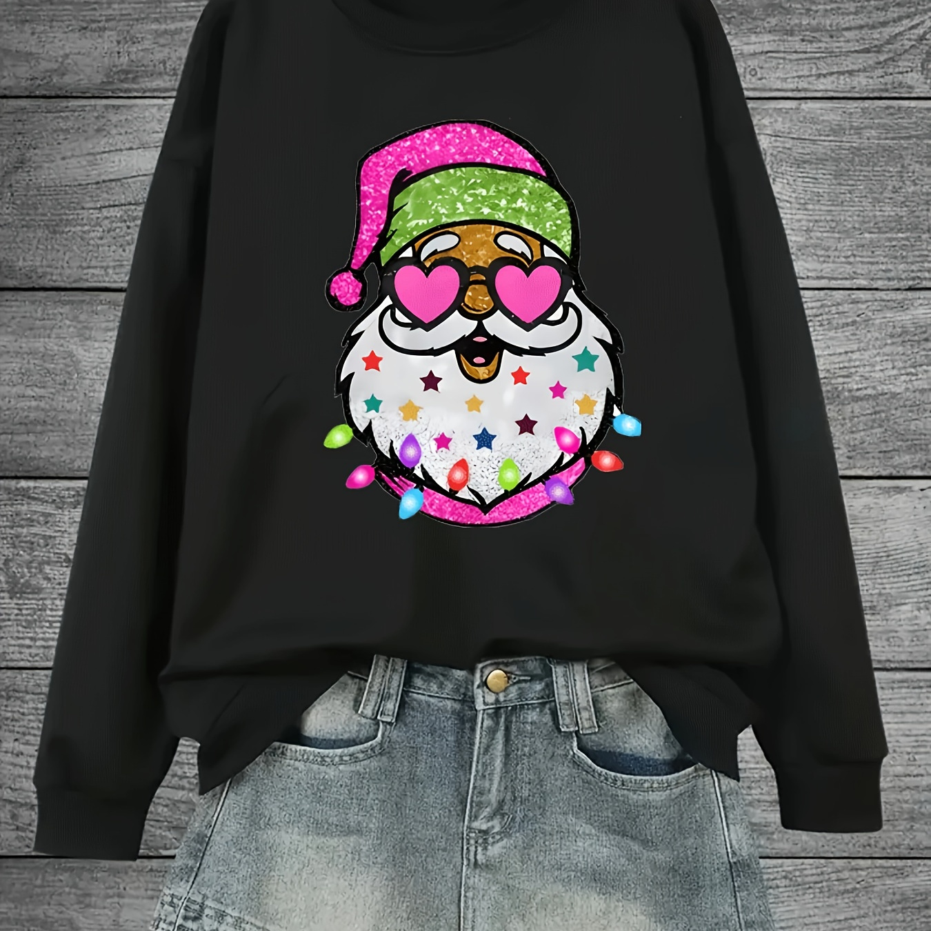 

Santa Claus Print Long Sleeve Pullover Sweatshirt, Casual Crew Neck Sweatshirt, Women's Clothing