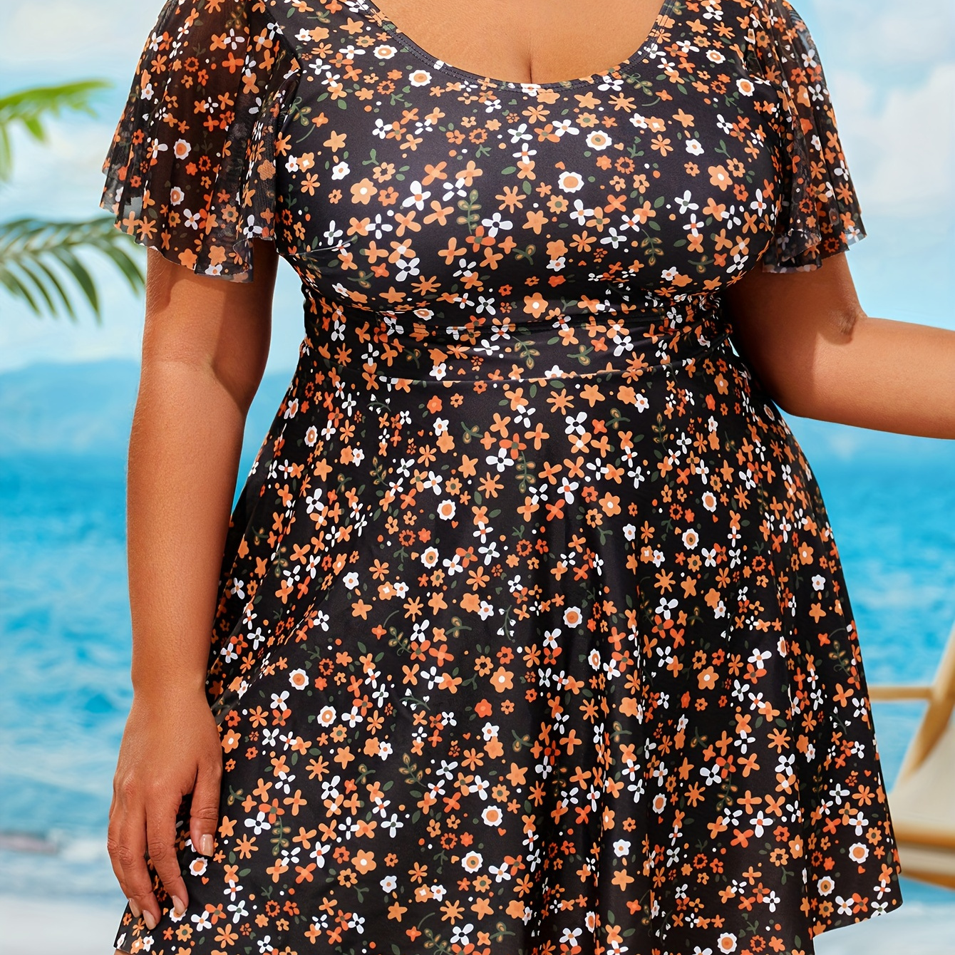 

Women's Plus Size Tankini Swim Dress, Conservative Style, Floral Print, With High Cut Panty, Summer Beachwear