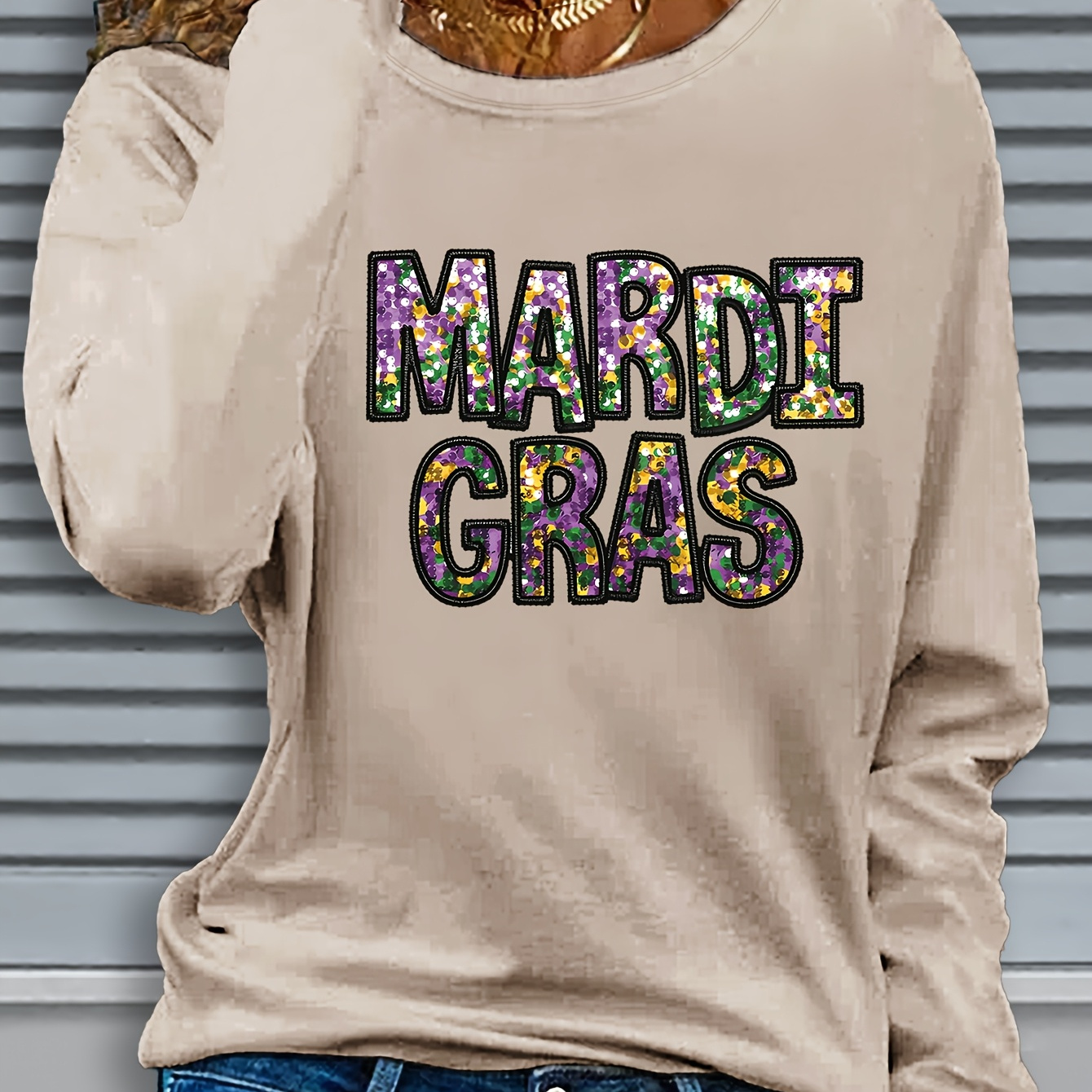 

1pc Women's Mardi Gras Letter Print Long Sleeve T-shirt - Crew Neck Casual Top, Polyester Knit Fabric, Slight Stretch, Regular Fit, Fall/winter Season