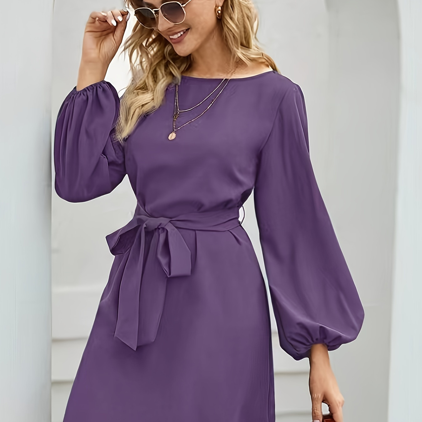 

Women' Color Polyester Tunic Dress, Crew Neck With Lantern Sleeves, 100% Polyester, Woven Fabric, Lightweight 180g/m², Spring/summer/fall - Casual