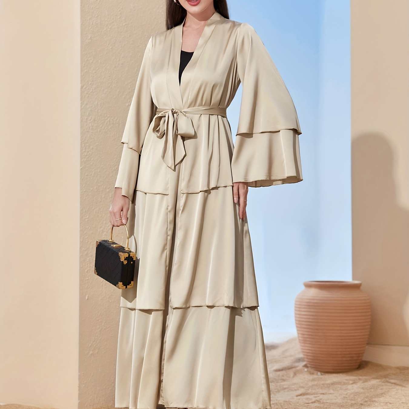 Ramadan Open Front Tiered Satin Modest Dress Elegant Flared - Temu Canada