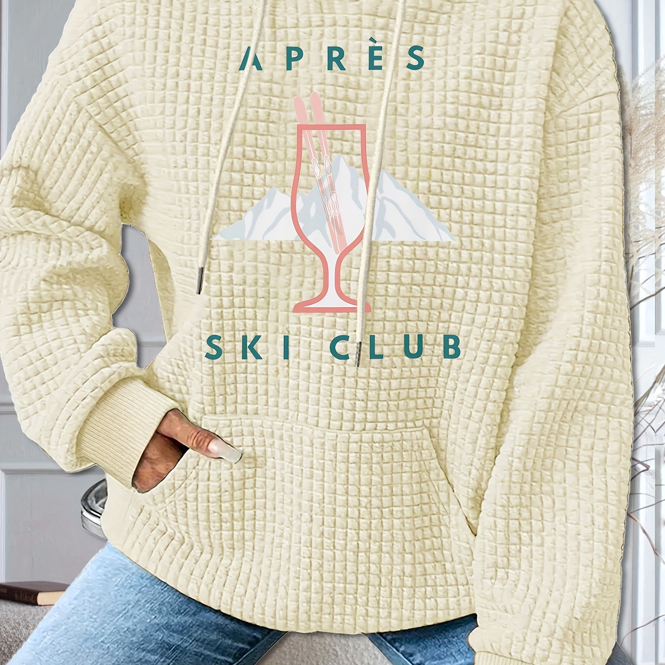 

Women's Ski Club Graphic Hoodie - Cozy Waffle Knit Pullover With Drawstring & Kangaroo Pocket, Casual Polyester , Machine Washable For Fall/winter