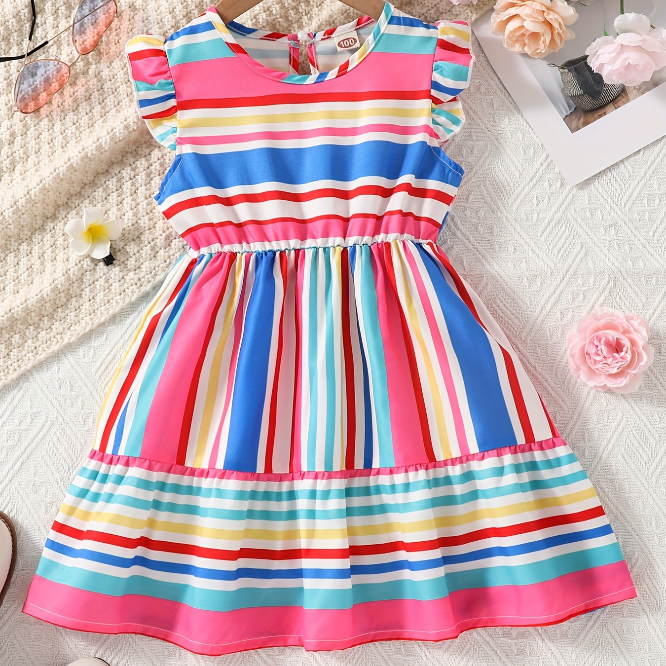 

Toddler Girls Ruffle Trim Rainbow Stripe Graphic Ruffled Hem Princess Dress For Party Beach Vacation Kids Summer Clothes