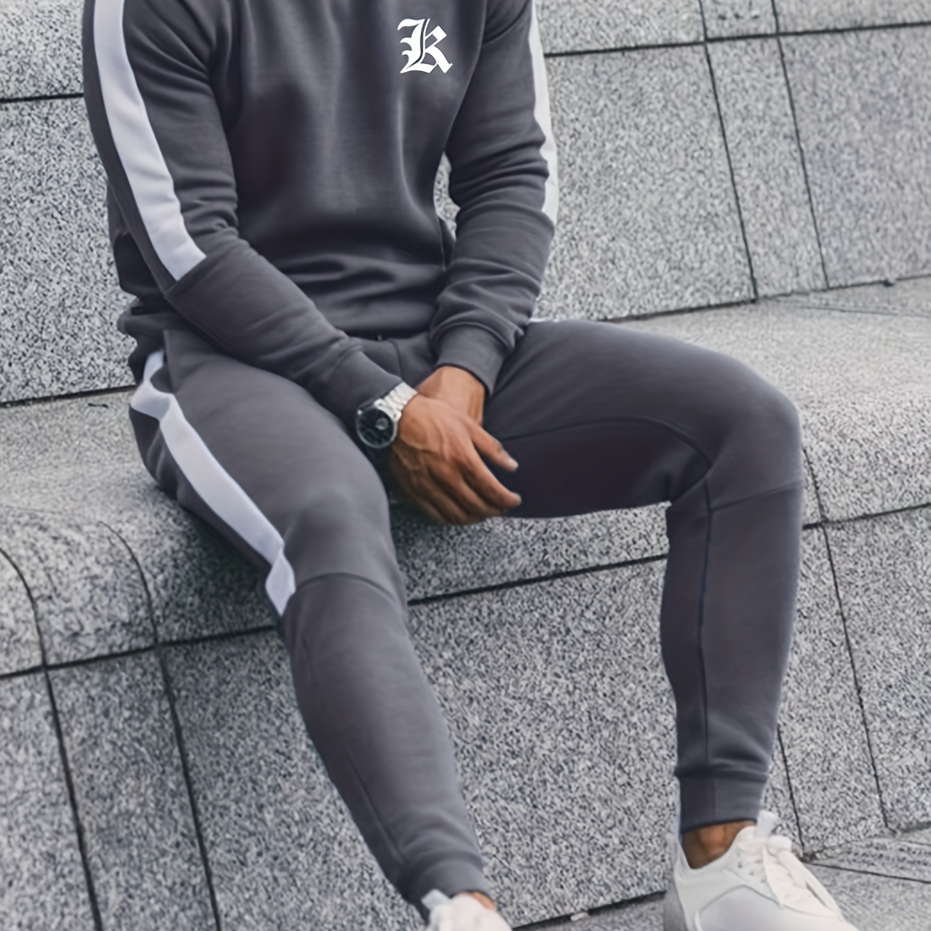 

Men's Casual Sporty Letter Print Tracksuit - Polyester, Crew Neck Sweatshirt & Joggers Set For Fall/winter