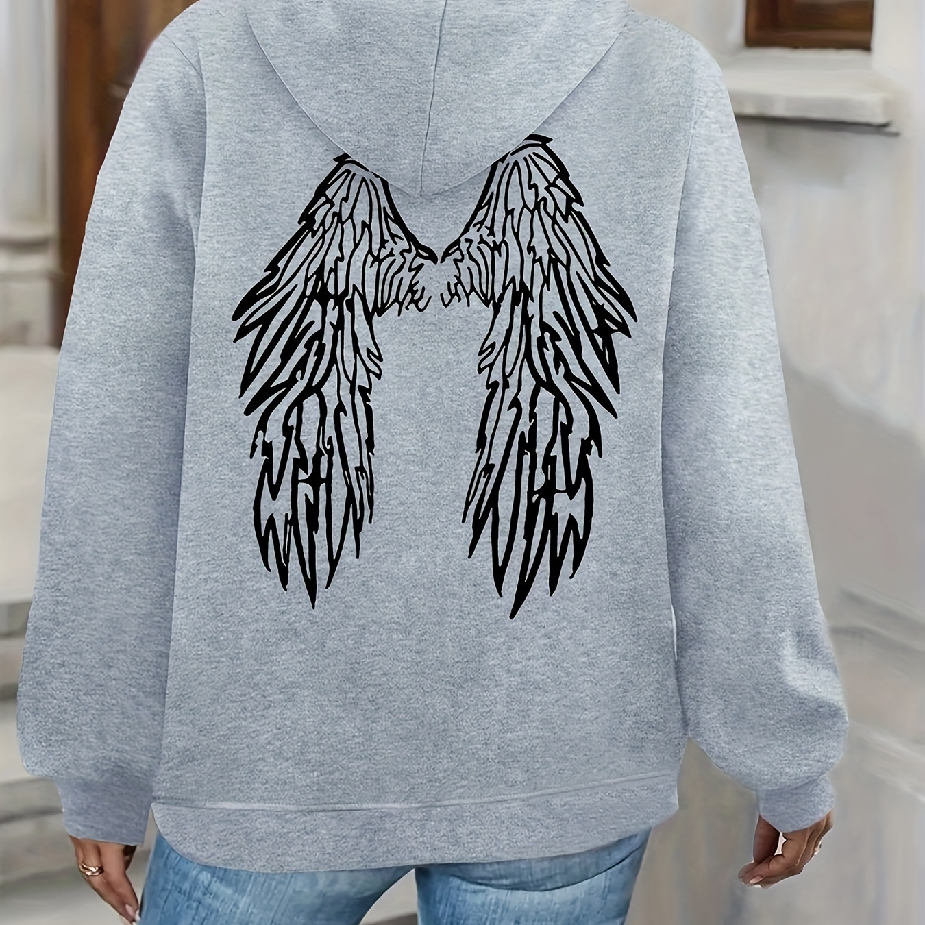 

Wing Print Zipper Hoodie, Pocket Drawstring Casual Hooded Sweatshirt For Winter & Fall, Women's Clothing