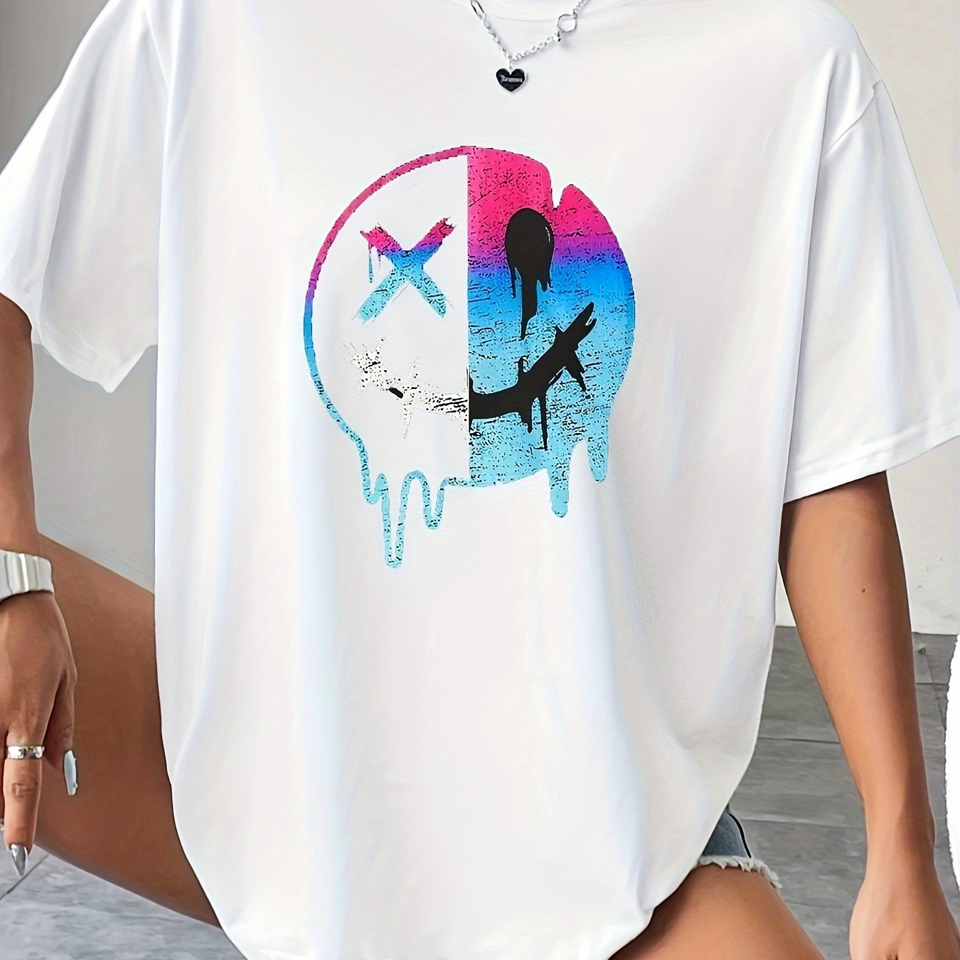 

Graphic Print Drop Shoulder T-shirt, Short Sleeve Crew Neck Casual Top For Spring & Summer, Women's Clothing