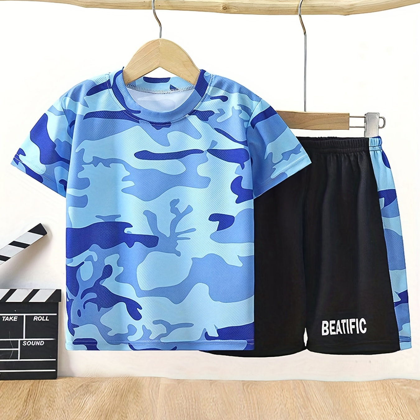 

Boys Camouflage Outfit Round Neck T-shirt & Shorts Kids Summer Clothes Sets