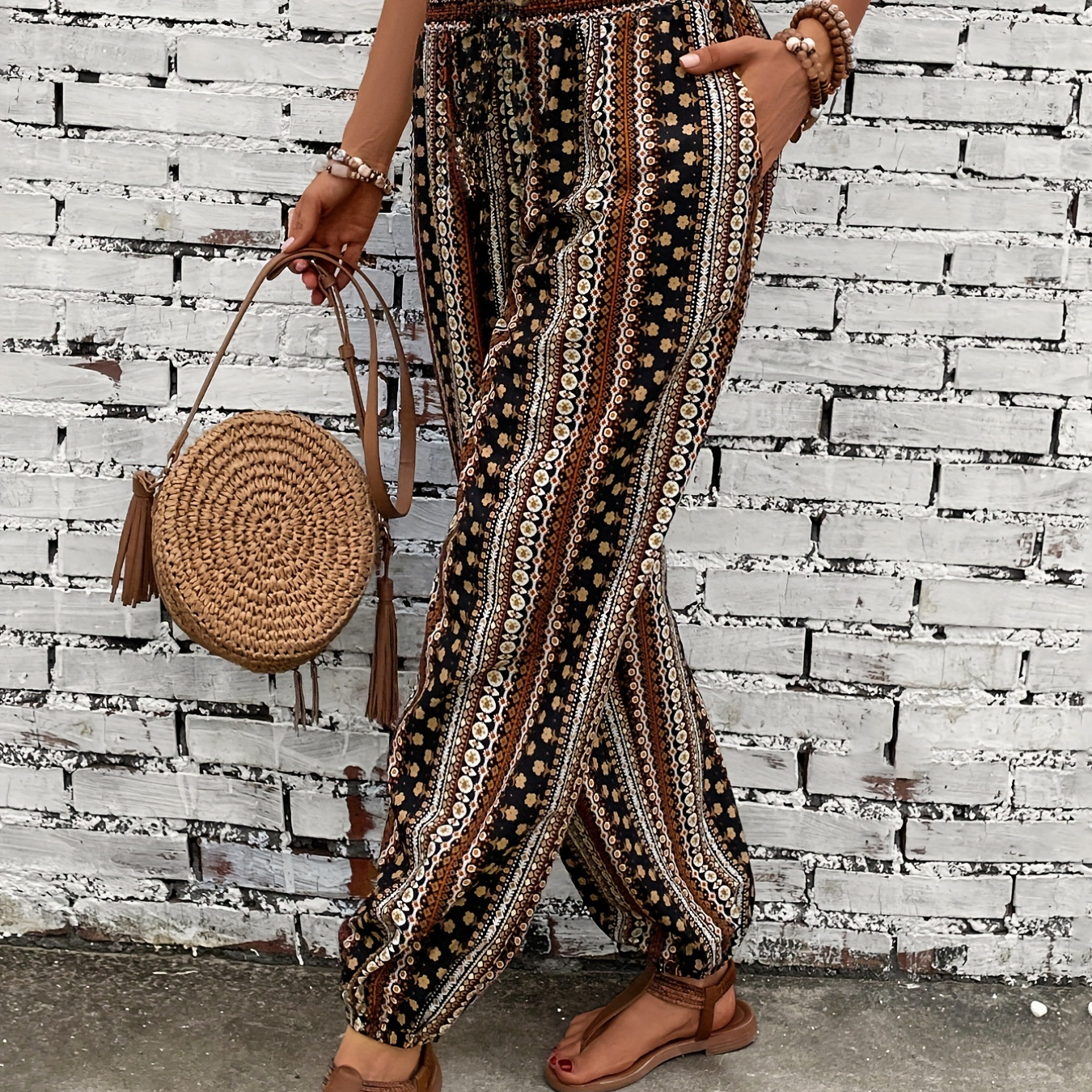 

Plus Size Boho Pants, Women's Plus Geo Print Shirred High Waisted Button Decor Harem Trousers With Pockets