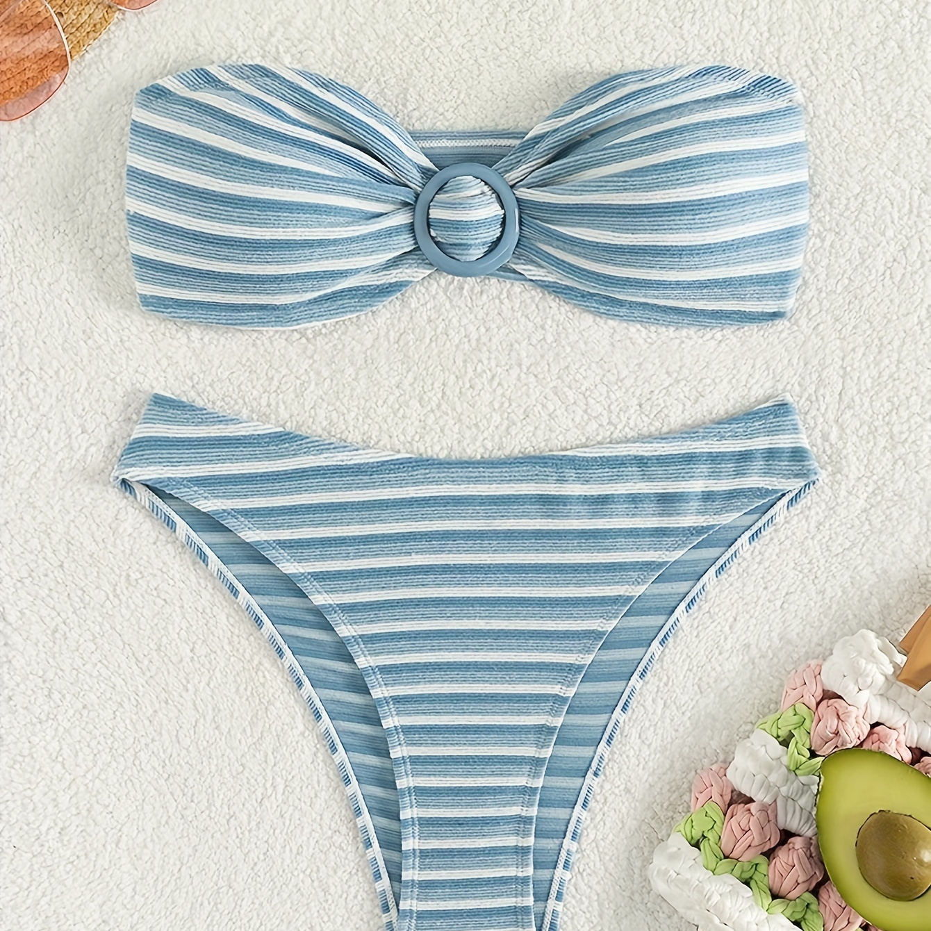

Women's Striped Bandeau Bikini Set, Tube Top With High Cut Bottoms, Summer Beachwear, Stretchable Swim Fabric, Two-piece Swimsuit