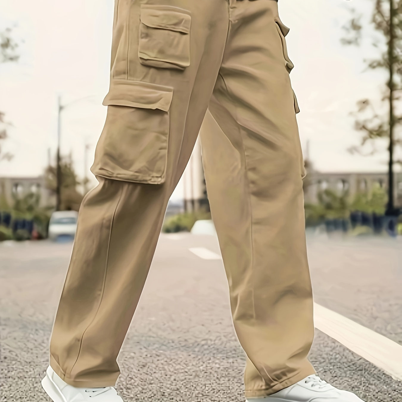 

Pantalon Cargo Décontracté pour Hommes - Jambe Droite, Design Multi-Poches, Taille Ajustable avec Cordon, Polyester, Idéal pour les Activités Extérieures /Automne