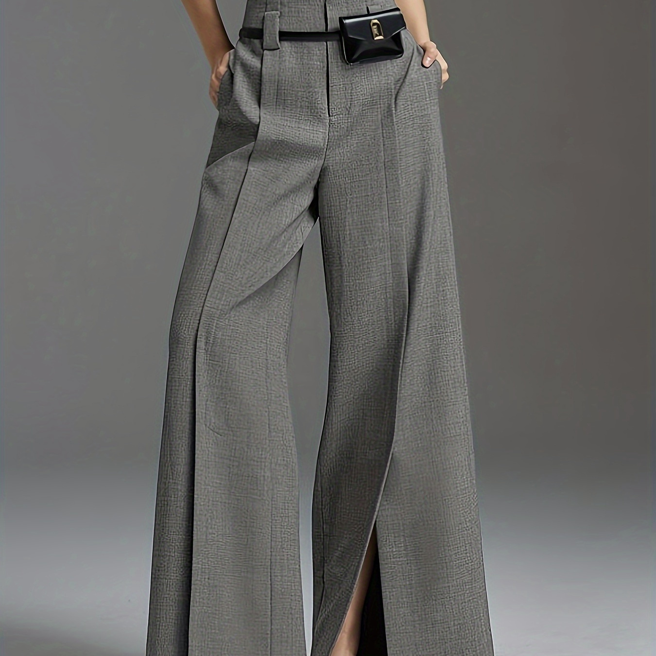 

Solid Color Wide Leg Pants, Casual Split Hem Loose Suit Pants For Spring & Summer, Women's Clothing