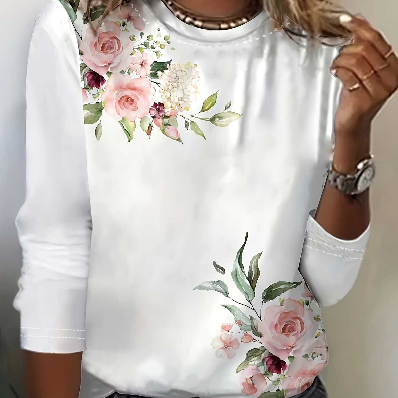 

Floral Print Crew Neck T-shirt, Casual Long Sleeve Top For Spring & Fall, Women's Clothing