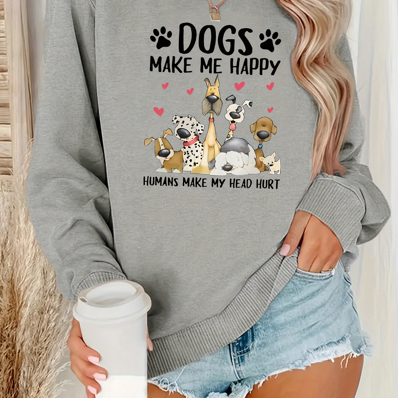 

Cute Dog & Letter Print Sweatshirt, Casual Long Sleeve Crew Neck Sweatshirt, Women's Clothing