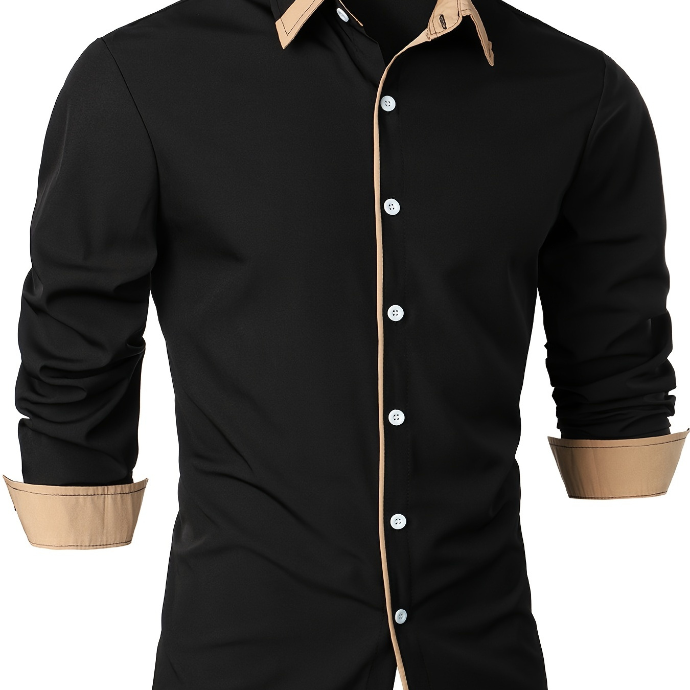 Mature Style Men's Casual Trim Contrast Button Long Sleeve Shirt, Spring Fall