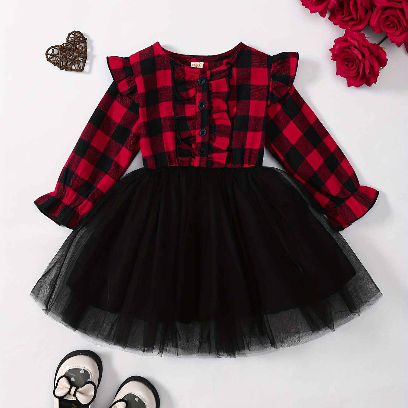 

Baby's Casual Plaid Pattern Long Sleeve Mesh Dress, Infant & Toddler Girl's Dress For Daily Wear/holiday/party, As Gift