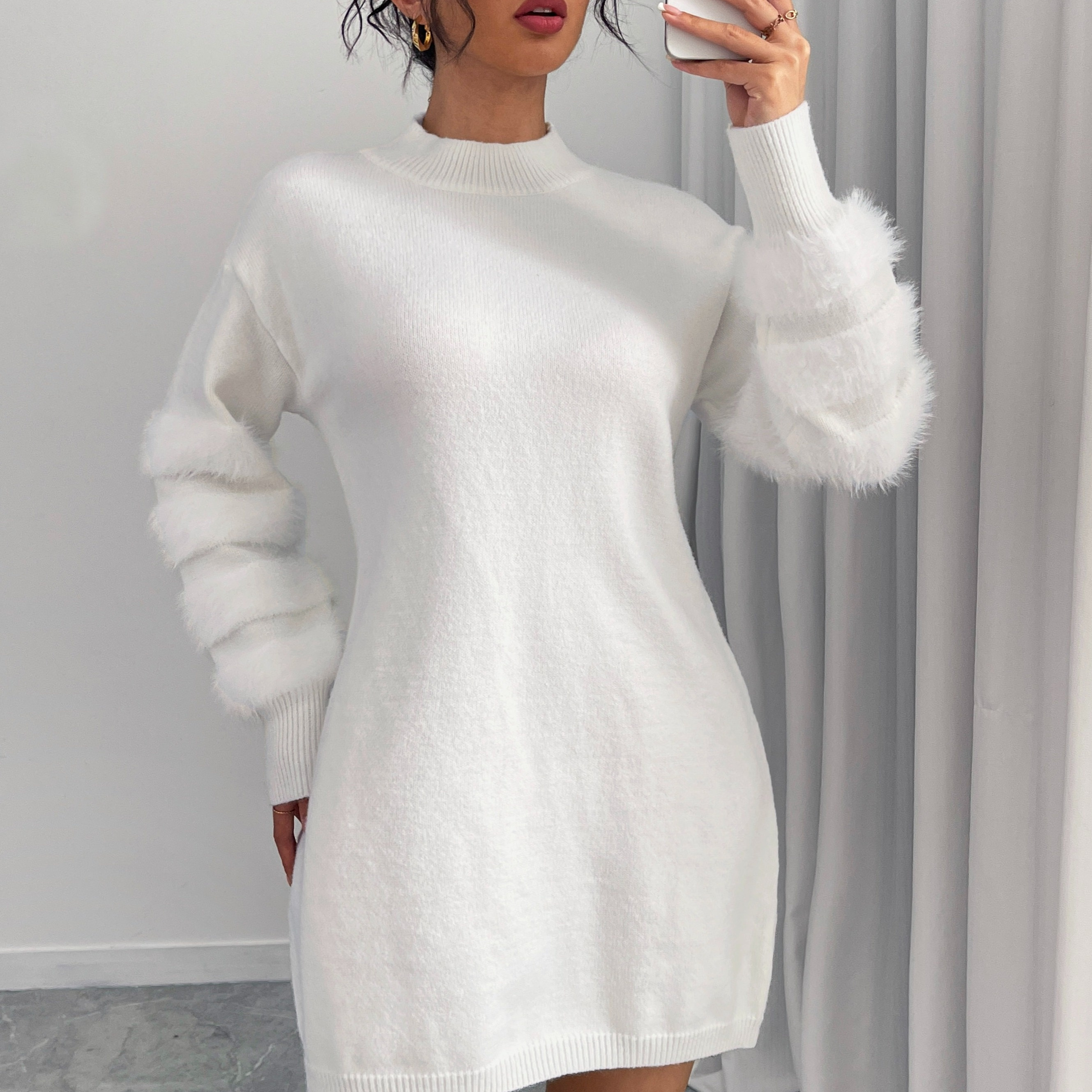 

Women's Plus Size Elegant Plush-trimmed Knit Sweater Dress - Soft White Round Neck, Long Sleeve, Knee-length For Fall/winter Chic Style, Ladies Sweaters