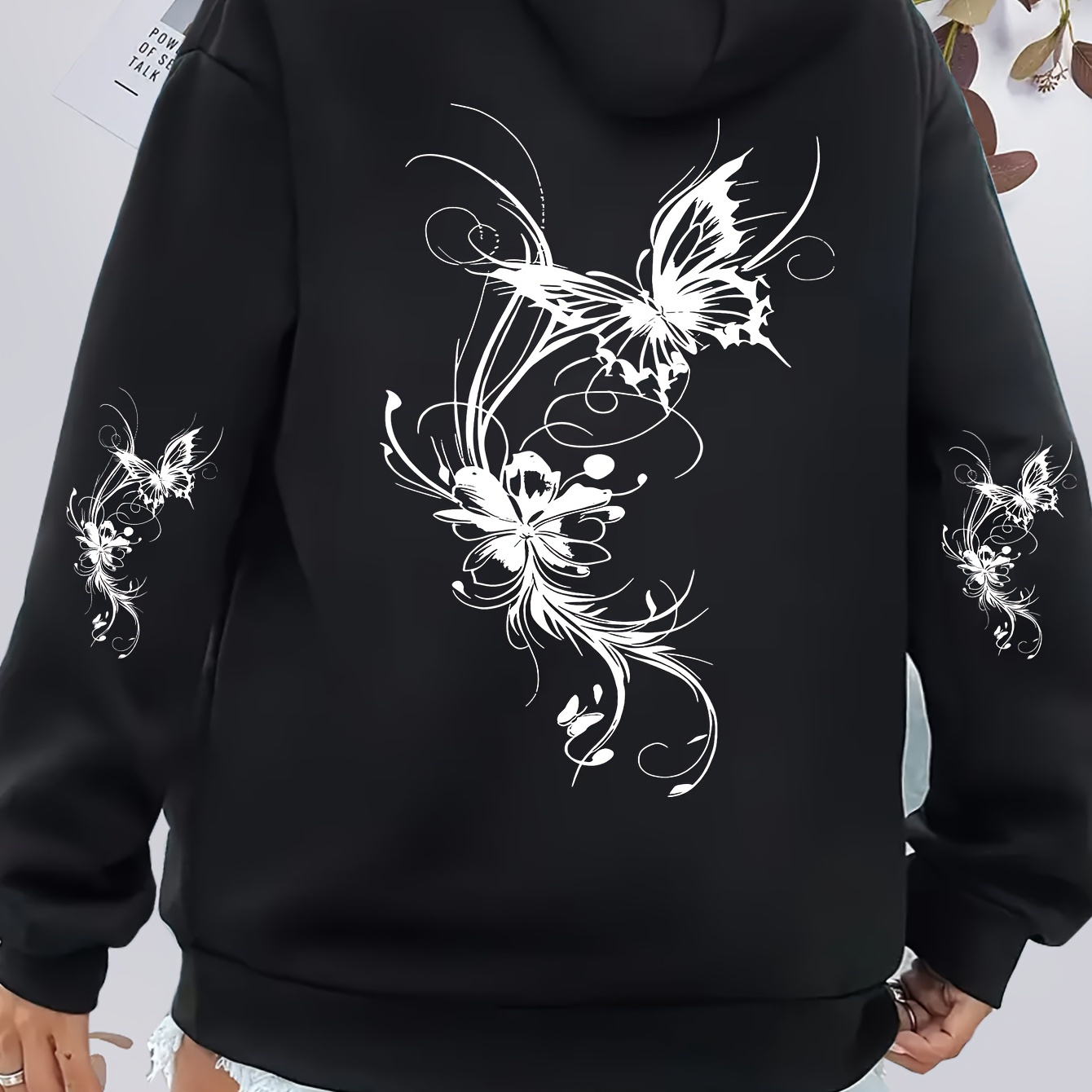 

Dégagé femme avec poche , sweatshirt à manches longues imprimé papillon, tissu tricoté polyester, pull-over capuchon pour /hiver