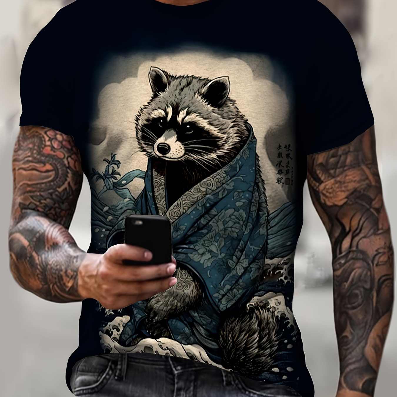 

Men's Cartoon Style Raccoon With Blanket Pattern Short Sleeve Crew Neck T-shirt, Tees For Men, Chic And Trendy Tops For Summer Street Wear