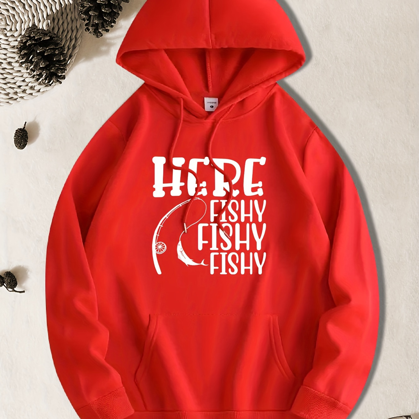 

Here Fishy Men's Casual Pullover Hoodie With Polyester Fabric, Geometry Pattern, Pockets, And Drawstring Hood, Regular Fit, Machine Washable